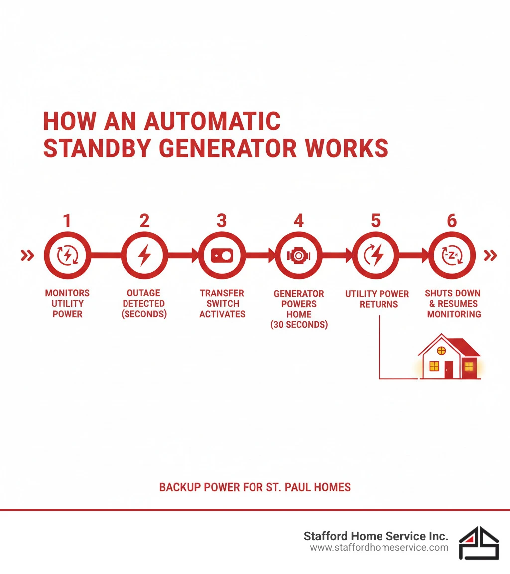 infographic showing how an automatic standby generator works: 1) generator monitors utility power continuously, 2) power outage detected within seconds, 3) automatic transfer switch activates, 4) generator engine starts and powers home within 30 seconds, 5) when utility power returns, system transfers back automatically, 6) generator shuts down and resumes monitoring - home generator installation saint paul, mn infographic