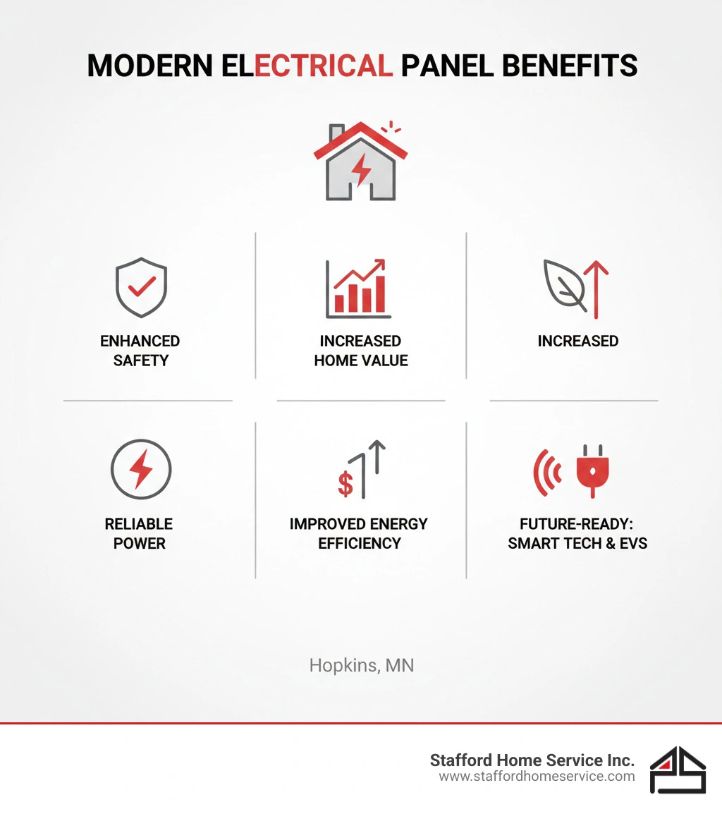 infographic showing benefits of a modern electrical panel: enhanced safety, increased home value, improved energy efficiency, reliable power, future-ready for smart tech and evs - electrical panel upgrade hopkins, mn infographic 