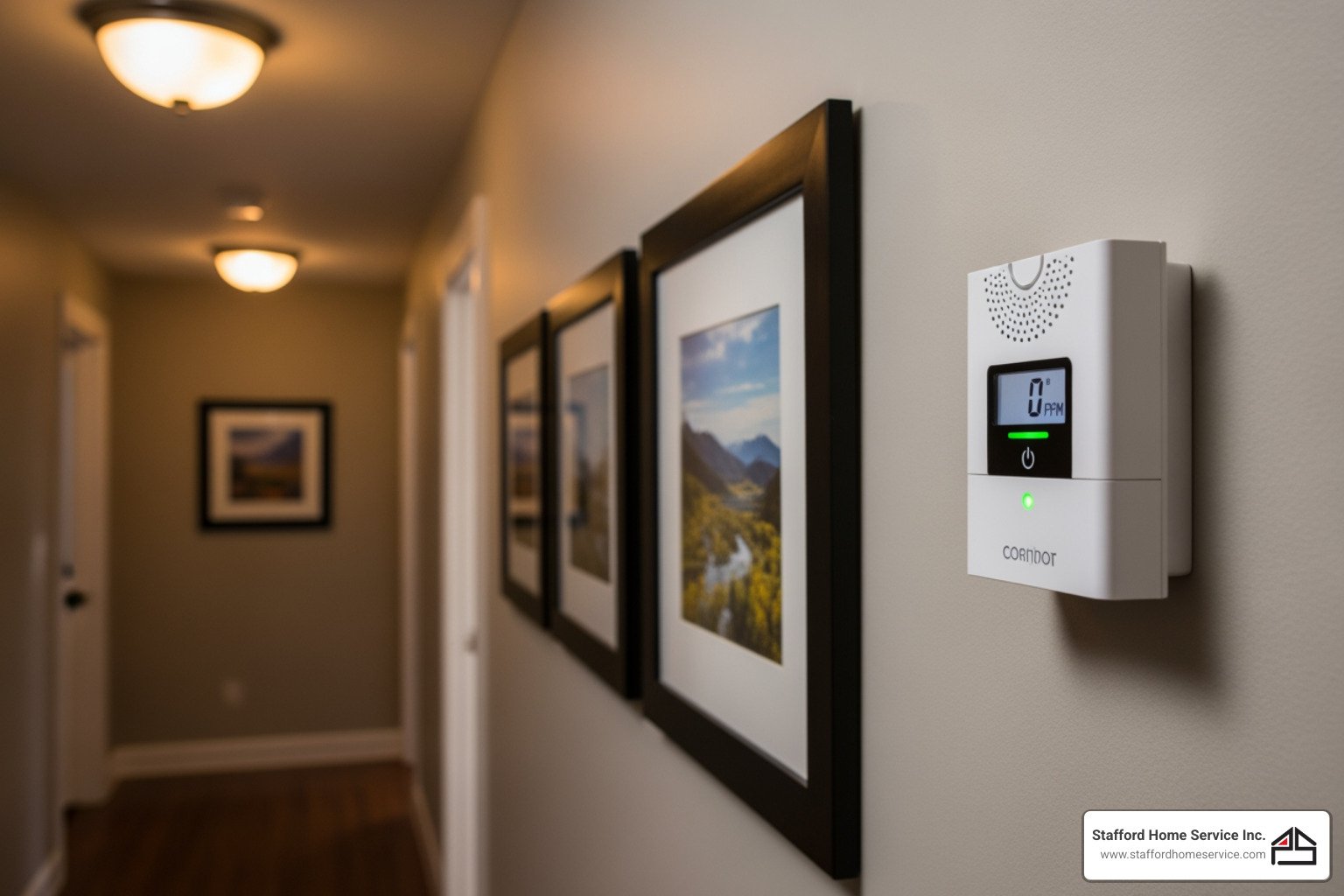 image of a carbon monoxide detector installed in a home hallway - "My furnace is making a loud banging noise. Who can I call for emergency repair in Eagan, MN?"