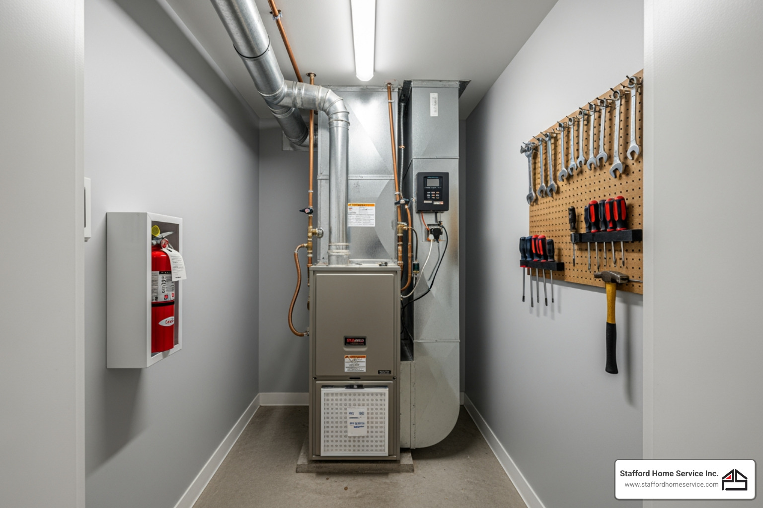 image of a clear, accessible path to a furnace in a utility closet - "My furnace is making a loud banging noise. Who can I call for emergency repair in Eagan, MN?"
