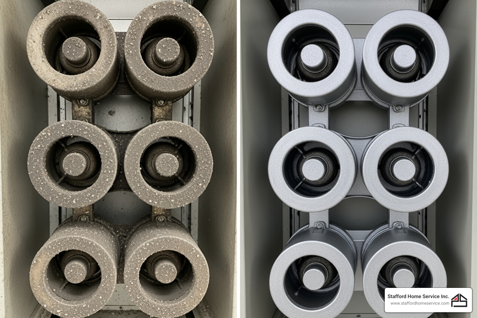 image of dirty furnace burners compared to clean ones - "My furnace is making a loud banging noise. Who can I call for emergency repair in Eagan, MN?"