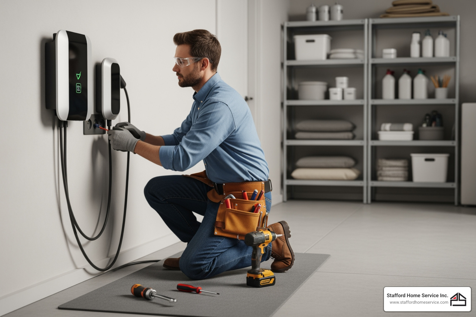 electrician neatly mounting an EV charger on a garage wall - "I need to find a qualified electrician for a home EV charger installation near Plymouth, MN.
