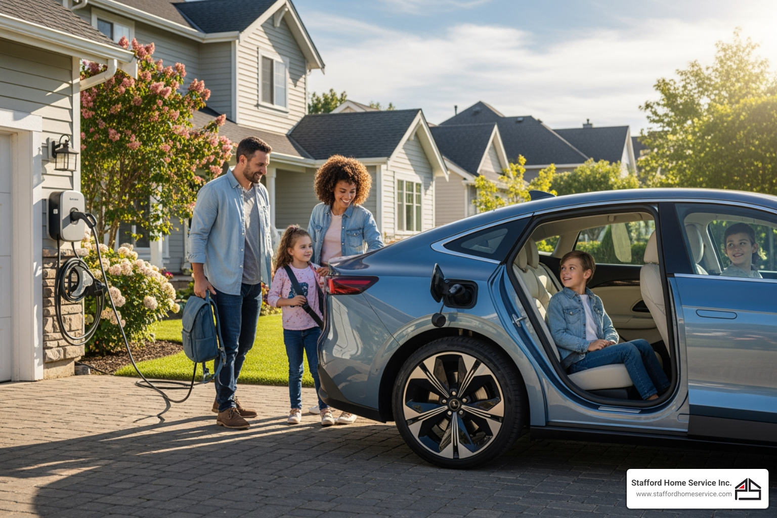 family getting into their fully charged EV in the morning - "I need to find a qualified electrician for a home EV charger installation near Plymouth, MN.