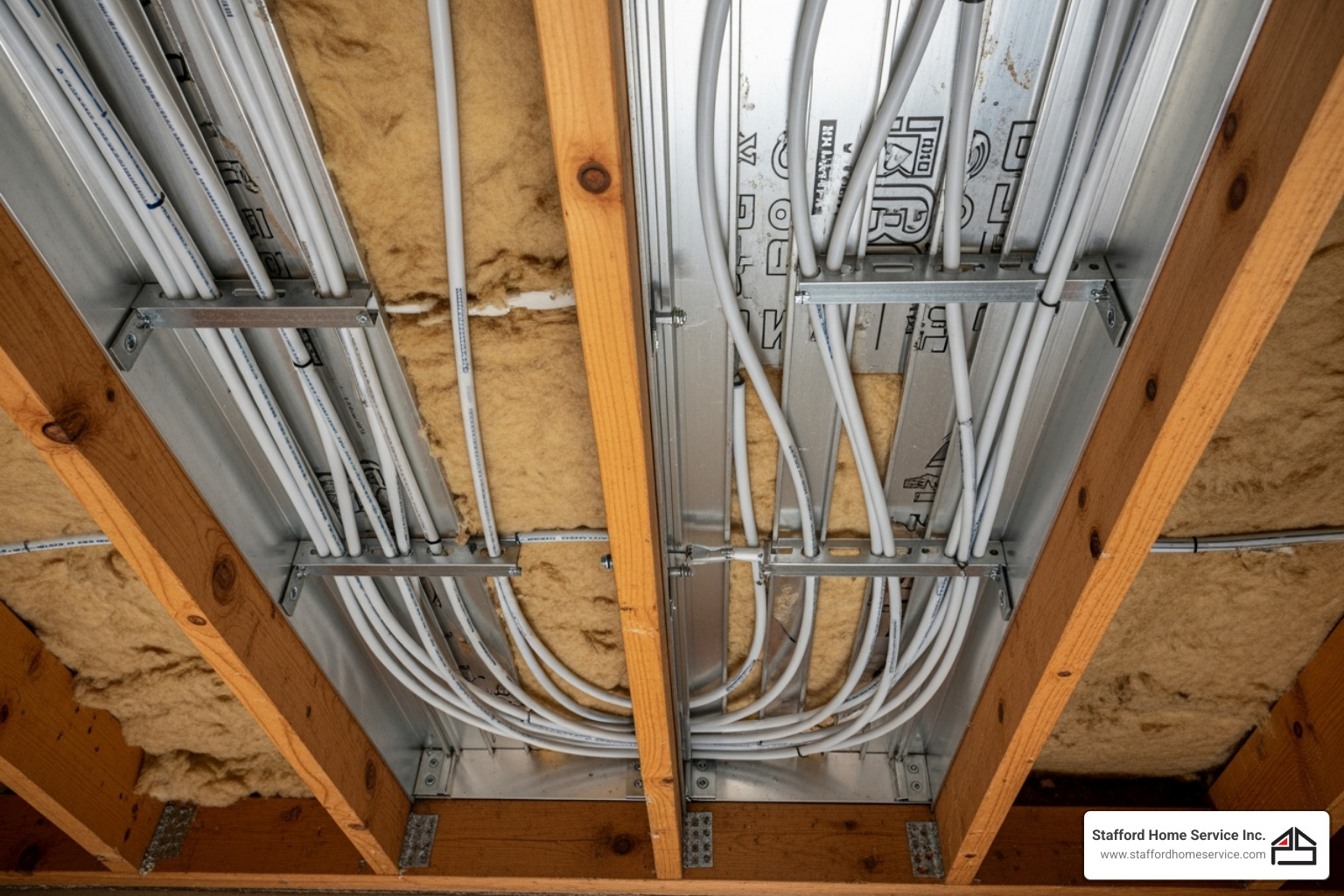 PEX tubing being installed between floor joists from a basement or crawlspace - how to install radiant floor heating in existing house PEX tubing being installed between floor joists from a basement or crawlspace - how to install radiant floor heating in existing house