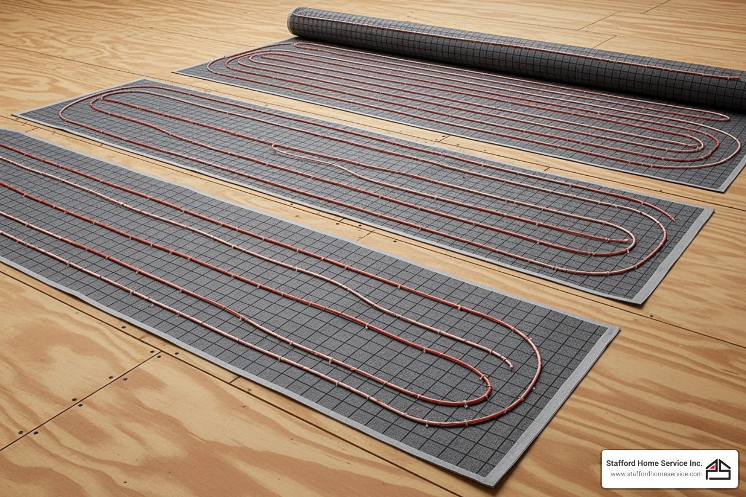 Radiant heating mats being laid on a subfloor before new flooring is installed - how to install radiant floor heating in existing house Radiant heating mats being laid on a subfloor before new flooring is installed - how to install radiant floor heating in existing house