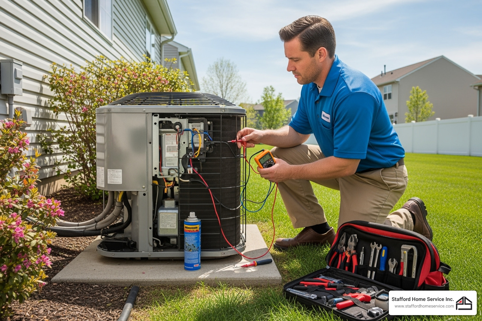 technician performing routine maintenance on an AC unit - 24-hour ac repair woodbury mn