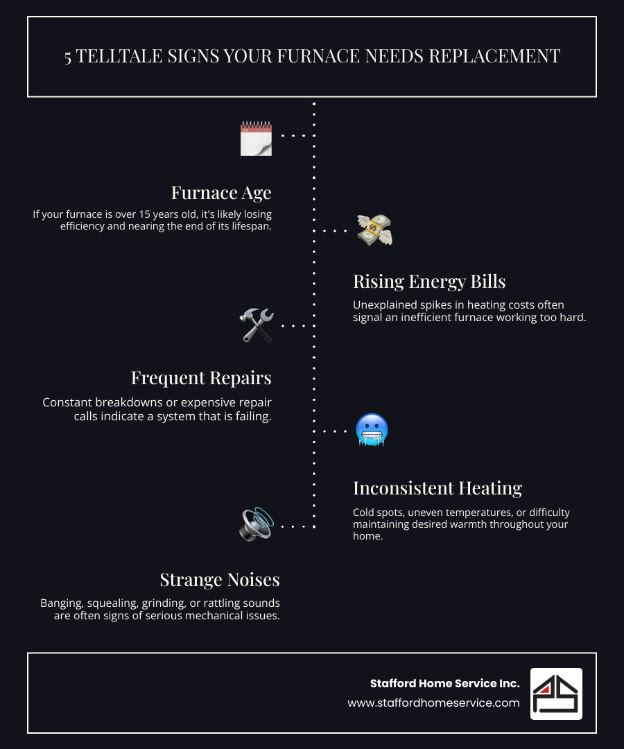 infographic showing five warning signs your furnace needs replacement: furnace age over 15 years, unexplained rising energy bills, frequent repair calls, uneven heating or cold spots throughout home, and strange noises like banging or squealing - furnace installation blaine mn infographic infographic-line-5-steps-dark