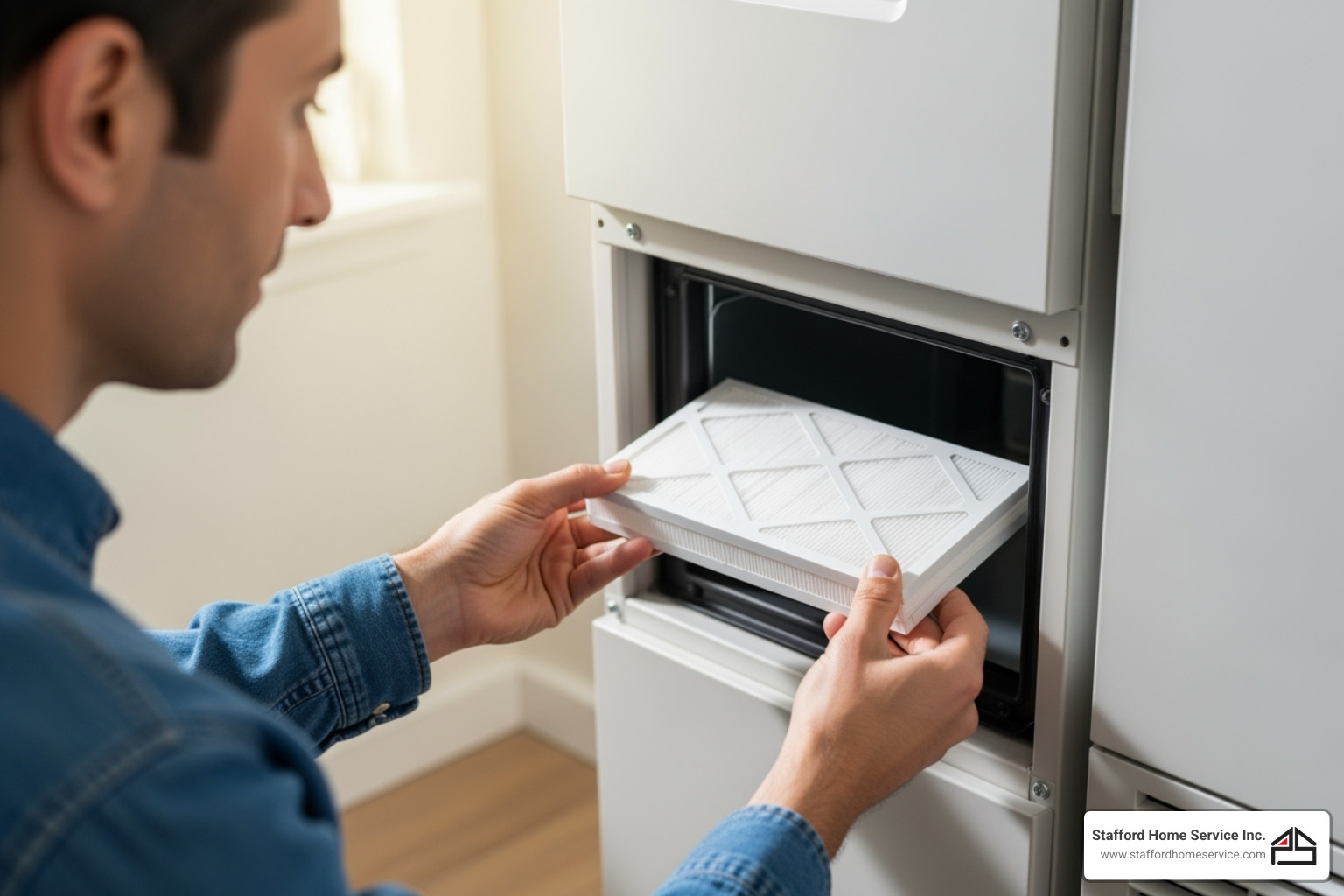 homeowner easily changing a clean furnace filter - furnace installation blaine mn