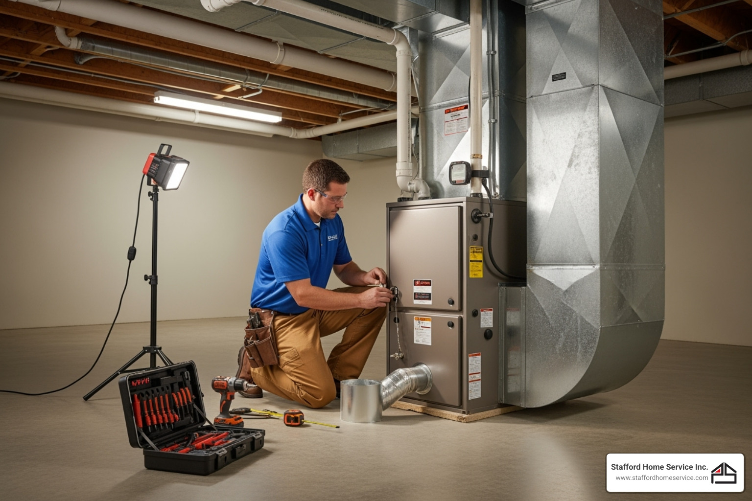 certified technician carefully installing a new furnace in a clean basement - furnace installation blaine mn