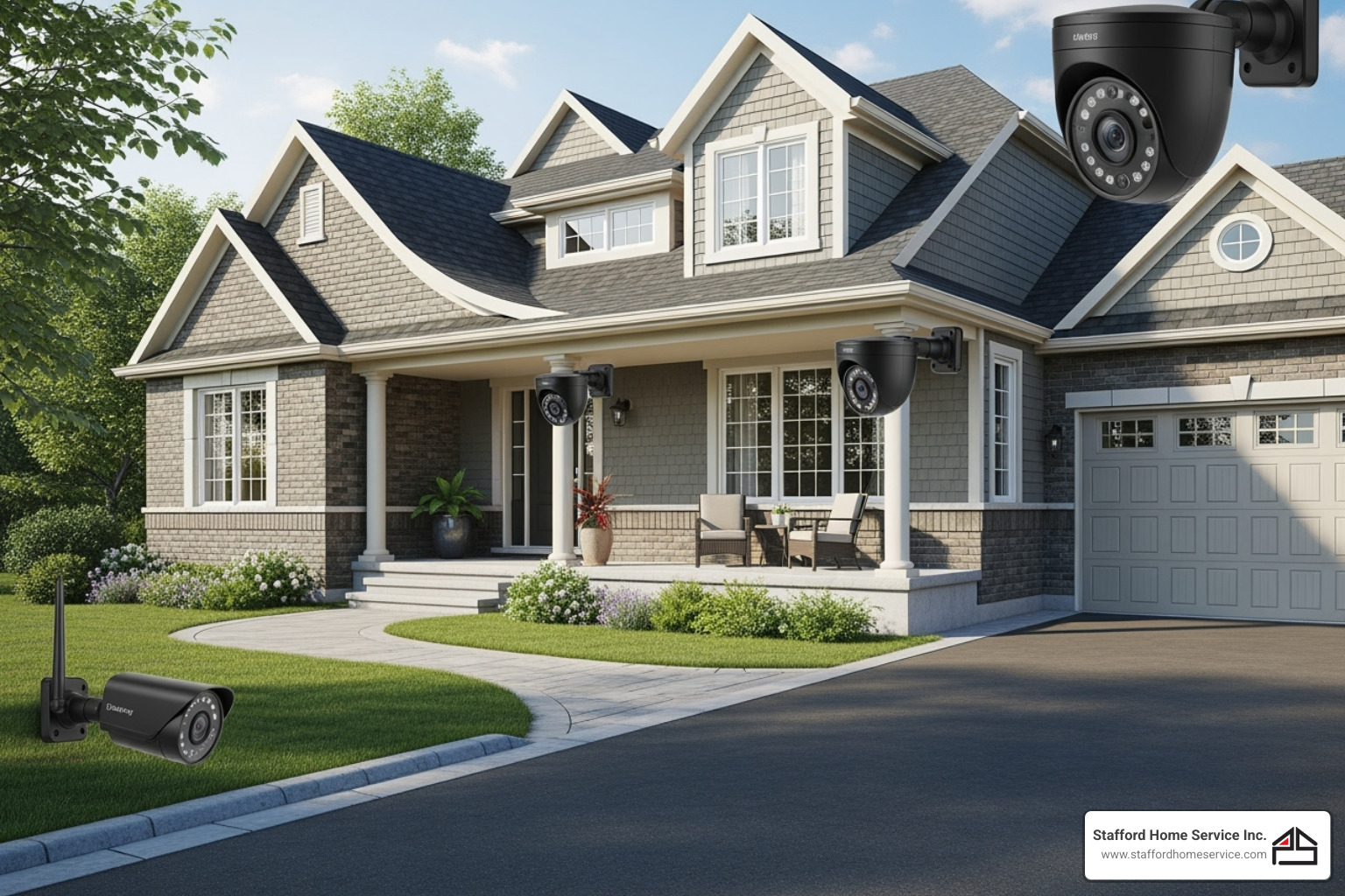 Optimal camera angles covering a driveway and front porch - mounting security cameras