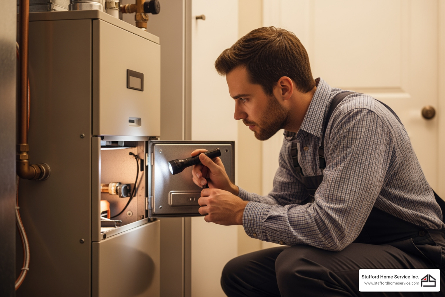 Infographic showing annual furnace maintenance benefits including improved energy efficiency, extended system lifespan, reduced breakdown risk, lower utility bills, enhanced safety through carbon monoxide prevention, and warranty compliance requirements - furnace service and repair