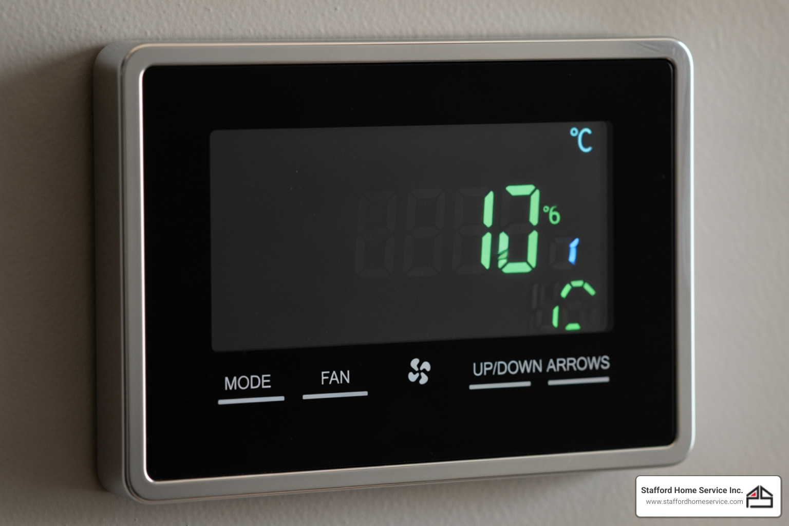 infographic showing warning signs of thermostat failure including blank display, inaccurate temperature readings, short cycling HVAC system, unresponsive controls, and age over 10 years, with icons for each symptom - thermostat replacement hastings, mn