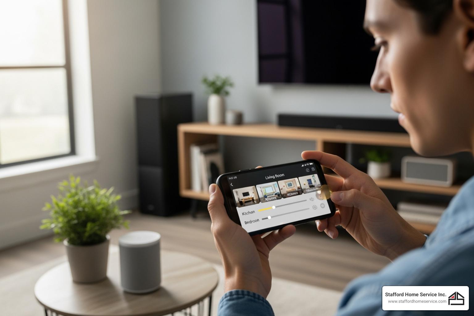 person using smartphone app to control multi-room speakers - multi room bluetooth speaker set