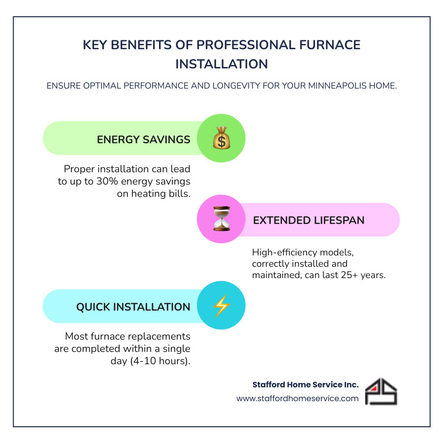 Infographic showing three key benefits of professional furnace installation: 30% energy savings with proper installation, 25+ year lifespan with high-efficiency models and maintenance, and same-day installation timeline for most replacements - furnace installation in minneapolis, mn infographic infographic-line-3-steps-colors Infographic showing three key benefits of professional furnace installation: 30% energy savings with proper installation, 25+ year lifespan with high-efficiency models and maintenance, and same-day installation timeline for most replacements - furnace installation in minneapolis, mn infographic infographic-line-3-steps-colors