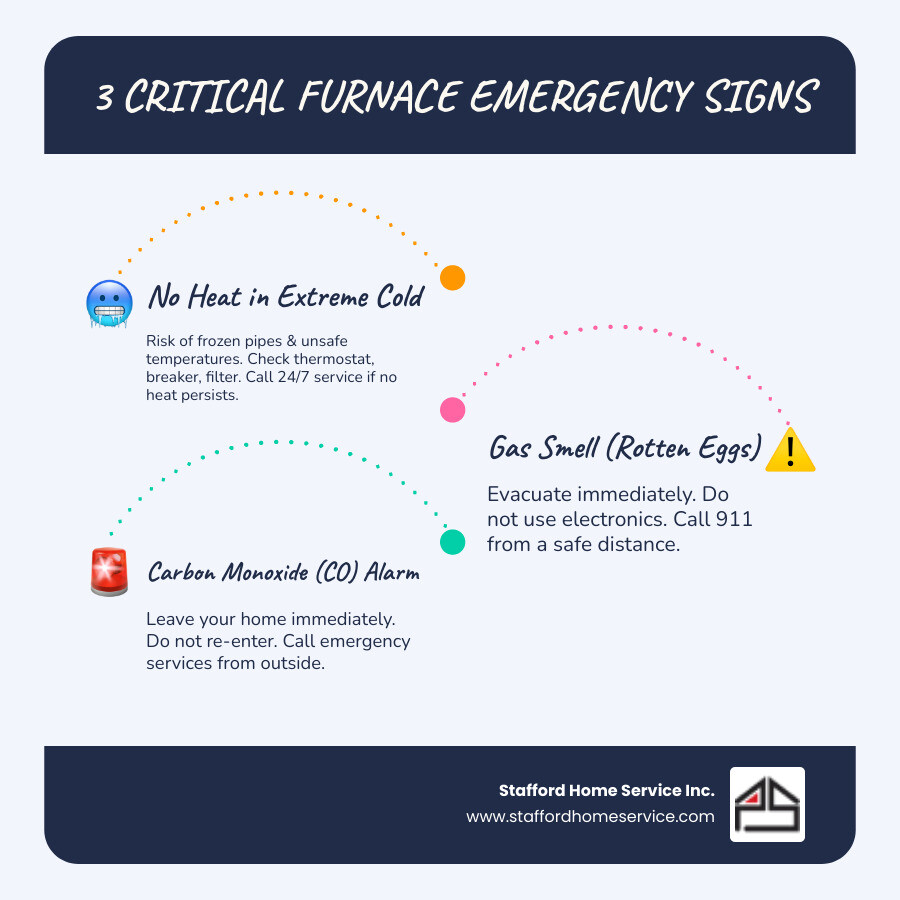 Infographic showing three emergency furnace warning signs: a house with no heat and frozen pipe risk, a gas leak symbol with evacuation instructions, and a CO detector alarm with immediate action steps - 24 hour furnace repair in minneapolis, mn infographic infographic-line-3-steps-blues-accent_colors