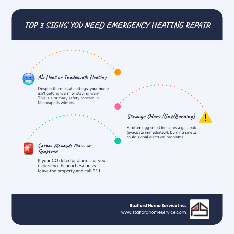 Infographic showing the top 5 signs you need emergency heating repair: 1) No heat or inadequate heating despite thermostat settings, 2) Strange burning or gas odors from your heating system, 3) Loud banging, grinding, or scraping noises, 4) Visible smoke or sparks from the unit, 5) Carbon monoxide detector alarm or unexplained symptoms like headaches and nausea - 24 hour heating maintenance in minneapolis, mn infographic infographic-line-3-steps-blues-accent_colors