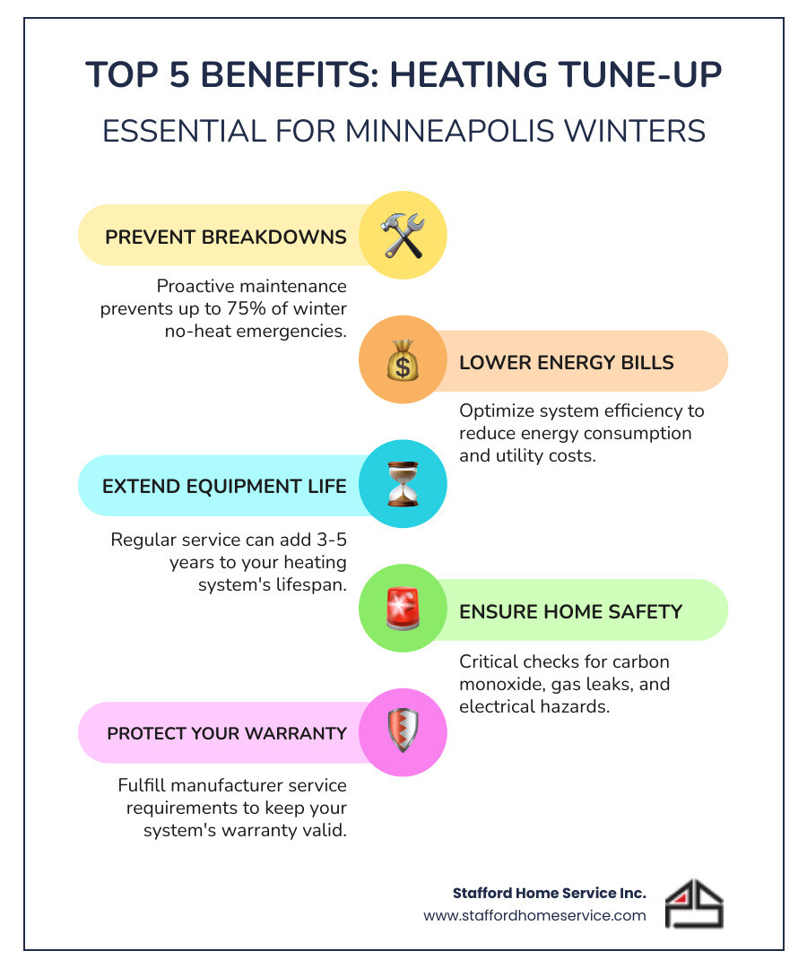 Infographic showing the top 5 benefits of a heating tune-up: 1) Prevents up to 75% of winter breakdowns through proactive maintenance, 2) Reduces energy bills by optimizing system efficiency, 3) Extends equipment lifespan by 3-5 years with regular service, 4) Protects your family with carbon monoxide and safety checks, 5) Maintains manufacturer warranty requirements - heating tune-up in minneapolis, mn infographic infographic-line-5-steps-colors