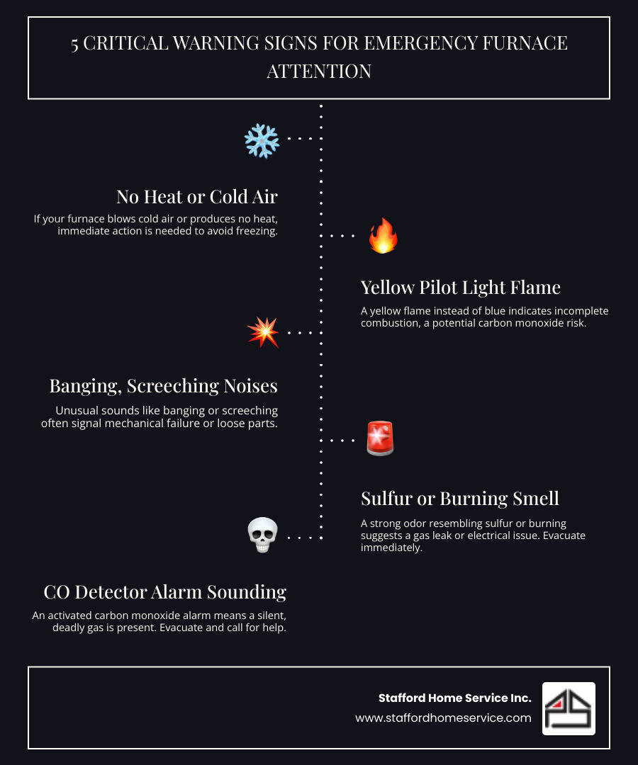 Infographic showing five critical warning signs requiring immediate furnace attention: 1. No heat or cold air from vents, 2. Yellow pilot light flame instead of blue, 3. Banging, screeching, or rattling noises, 4. Sulfur or burning smell indicating gas leak, 5. Carbon monoxide detector alarm sounding. Each warning includes an icon and brief safety instruction. - 24 hour furnace tune-up in minneapolis, mn infographic infographic-line-5-steps-dark