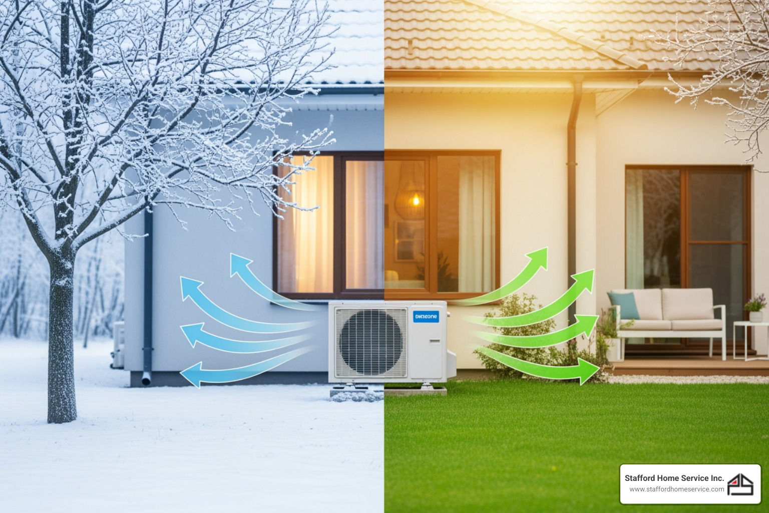 infographic showing how a heat pump extracts heat from outdoor air in winter and reverses the process in summer, with arrows indicating heat flow direction, outdoor and indoor units labeled, and temperature ranges for Bloomington climate - heat pump installation in bloomington, mn