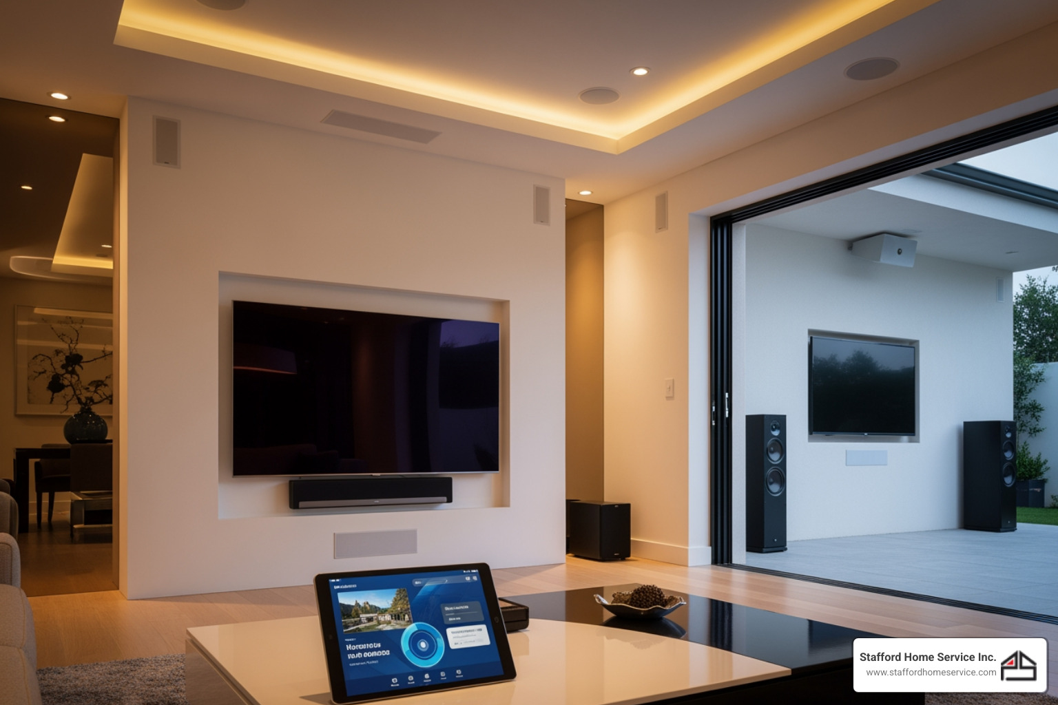 infographic showing the progression from basic TV setup to fully integrated smart home entertainment system with multi-room audio, automated controls, hidden technology, and outdoor entertainment zones - home entertainment in plymouth, mn