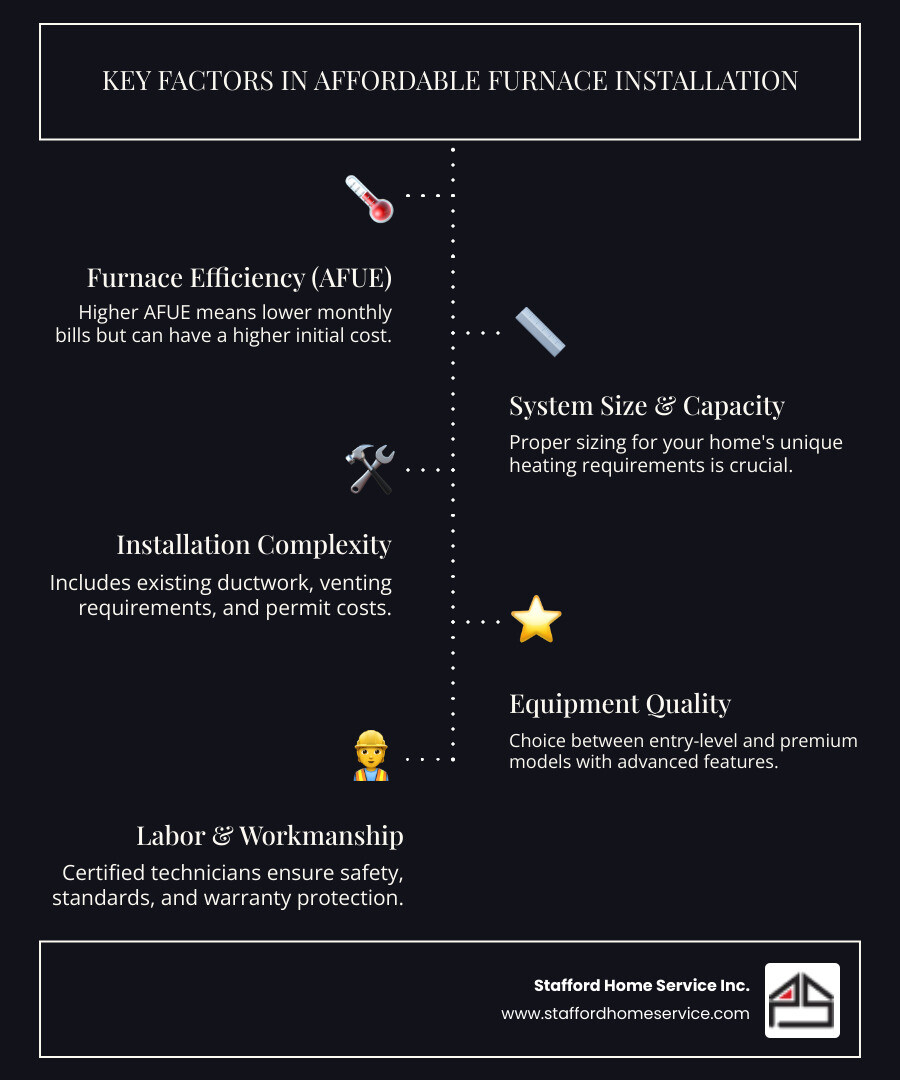 Infographic showing the key cost factors in furnace installation: efficiency rating affecting long-term energy bills, proper system sizing based on home square footage and insulation, installation complexity including ductwork and venting needs, equipment quality levels from basic to premium, and professional labor ensuring safety and warranty protection - affordable furnace installation in minneapolis, mn infographic infographic-line-5-steps-dark