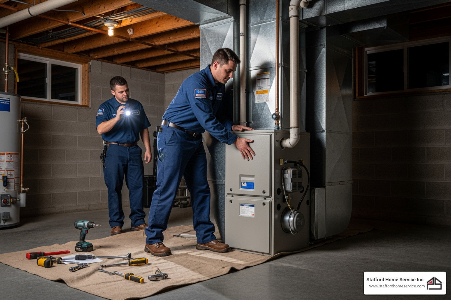 Infographic showing the top 5 warning signs your furnace is about to fail: 1) Furnace is over 15 years old, 2) Strange loud noises like banging or grinding, 3) Yellow pilot light or signs of carbon monoxide, 4) Uneven heating or cold spots throughout the home, 5) Rising energy bills despite normal usage - emergency furnace installation in plymouth, mn