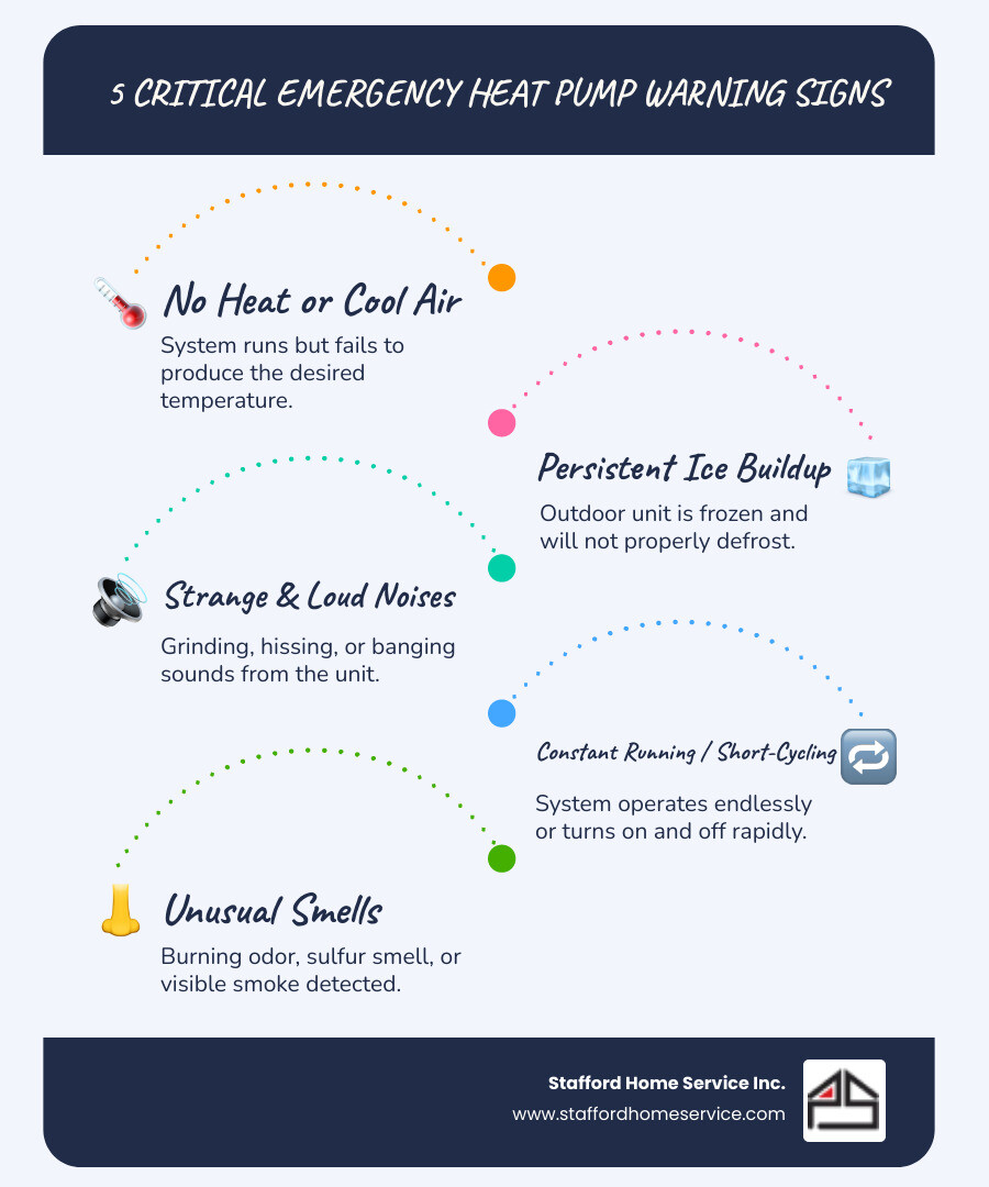 Infographic showing five critical warning signs requiring emergency heat pump service: 1. No heat or cooling output, 2. Ice buildup on outdoor unit that persists, 3. Grinding or metal-on-metal noises, 4. System runs constantly without reaching temperature, 5. Burning smell or visible smoke - emergency heat pump tune-up in minneapolis, mn infographic infographic-line-5-steps-blues-accent_colors Infographic showing five critical warning signs requiring emergency heat pump service: 1. No heat or cooling output, 2. Ice buildup on outdoor unit that persists, 3. Grinding or metal-on-metal noises, 4. System runs constantly without reaching temperature, 5. Burning smell or visible smoke - emergency heat pump tune-up in minneapolis, mn infographic infographic-line-5-steps-blues-accent_colors