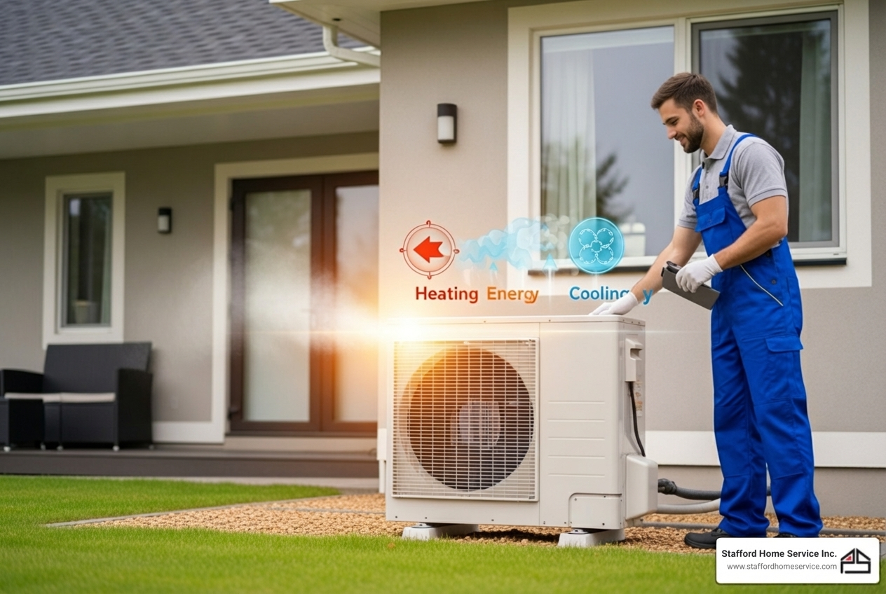 Infographic explaining how heat pumps provide both heating and cooling, illustrating energy efficiency benefits, typical maintenance tasks, and the importance of regular service - affordable heat pump maintenance in minneapolis, mn