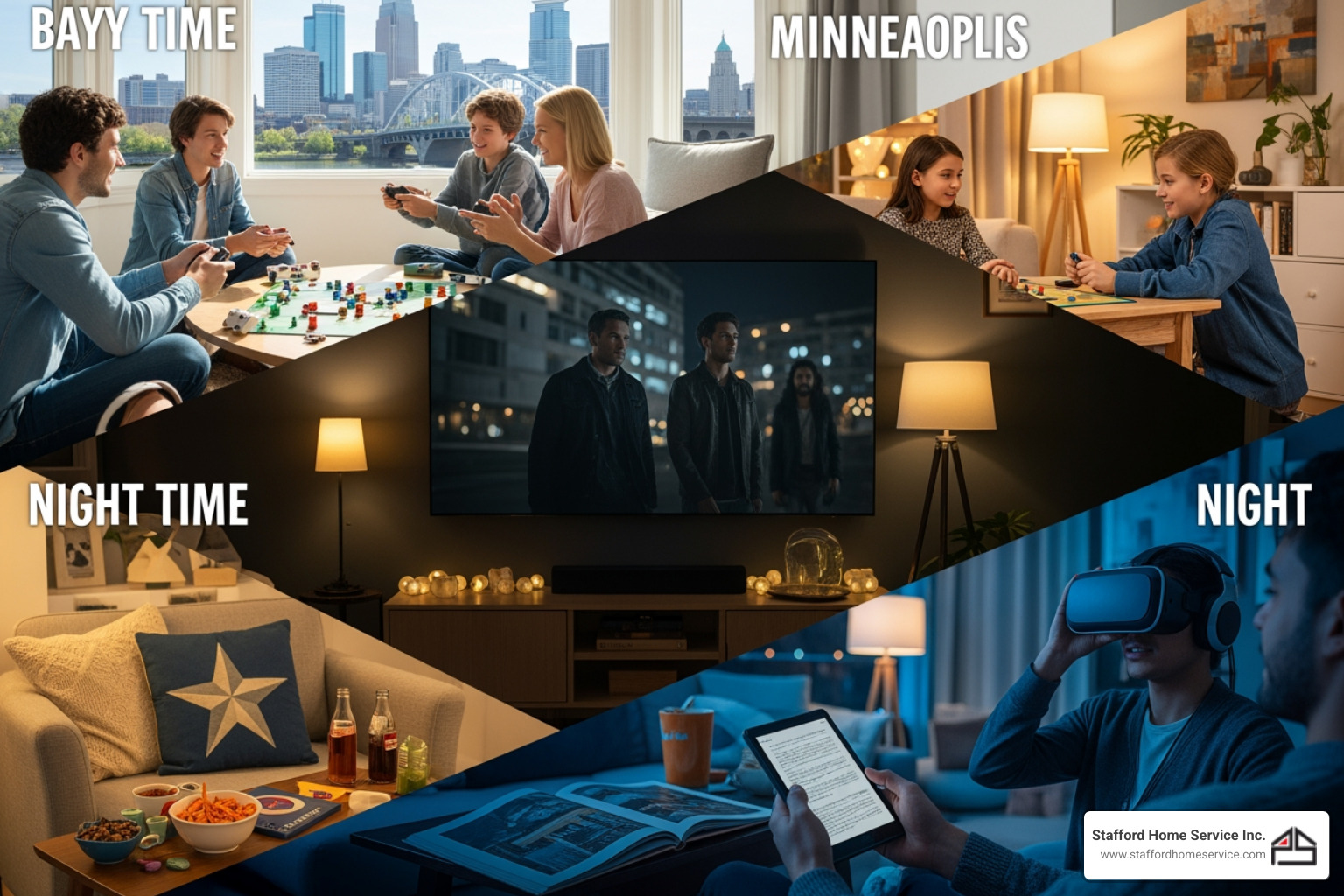infographic showing components of a 24-hour home entertainment system including whole-house audio, smart controls, reliable electrical power, consistent HVAC comfort, and emergency service support available in Minneapolis - 24 hour home entertainment in minneapolis, mn