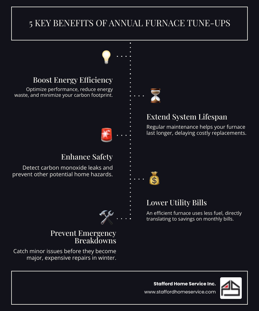 infographic showing the five key benefits of annual furnace tune-ups: improved energy efficiency, extended system lifespan, enhanced safety through carbon monoxide detection, lower utility bills, and prevention of emergency breakdowns - affordable furnace tune-up in plymouth, mn infographic infographic-line-5-steps-dark