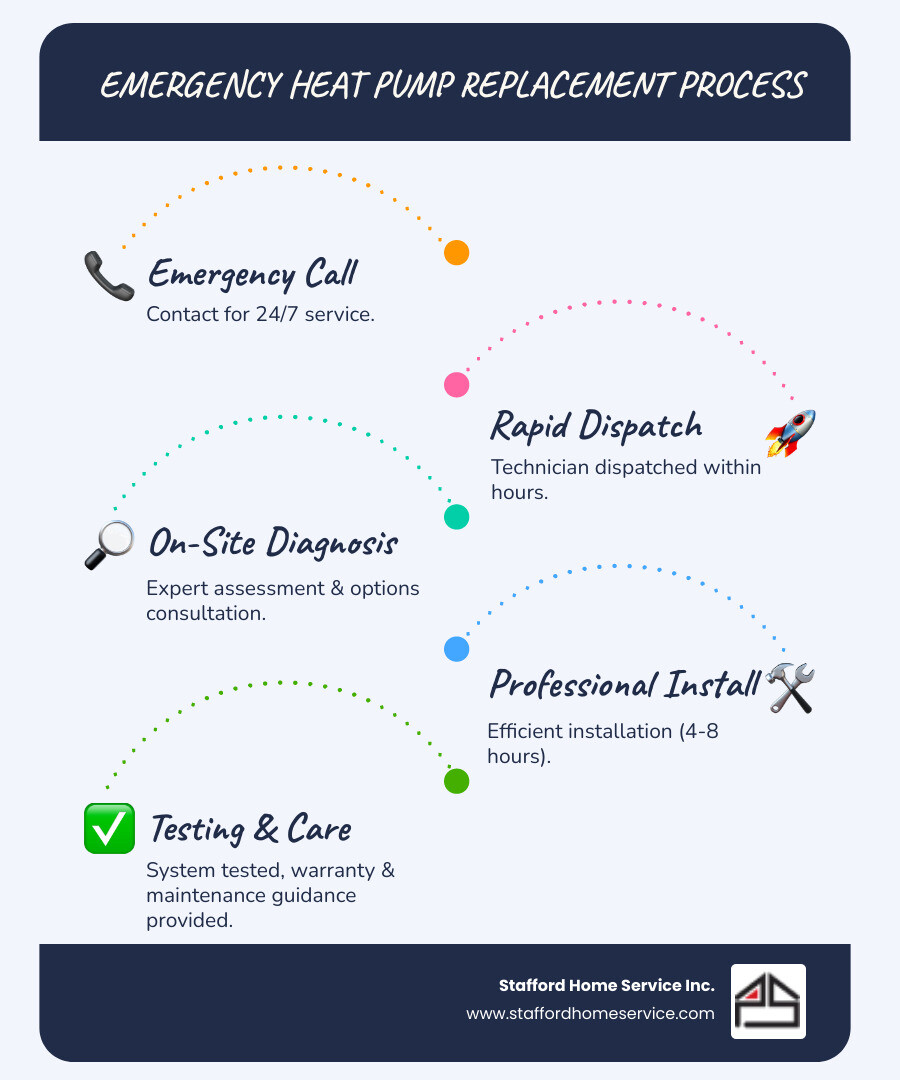 Infographic showing the emergency heat pump replacement process: 1) Emergency call placed 24/7, 2) Technician dispatched within hours, 3) On-site diagnosis and consultation, 4) Professional installation (4-8 hours), 5) System testing and verification, 6) Warranty and maintenance guidance - 24 hour heat pump replacement in minneapolis, mn infographic infographic-line-5-steps-blues-accent_colors Infographic showing the emergency heat pump replacement process: 1) Emergency call placed 24/7, 2) Technician dispatched within hours, 3) On-site diagnosis and consultation, 4) Professional installation (4-8 hours), 5) System testing and verification, 6) Warranty and maintenance guidance - 24 hour heat pump replacement in minneapolis, mn infographic infographic-line-5-steps-blues-accent_colors