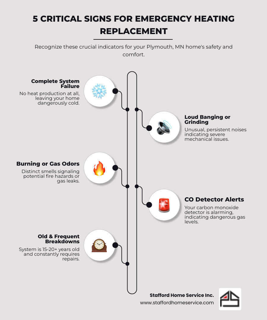 Infographic showing 5 critical signs your heating system needs emergency replacement: 1) Complete system failure with no heat production, 2) Loud banging or grinding noises indicating mechanical failure, 3) Burning smells or gas odors suggesting safety hazards, 4) Carbon monoxide detector alerts, 5) System age over 15-20 years with frequent breakdowns - emergency heating installation in plymouth, mn infographic infographic-line-5-steps-elegant_beige