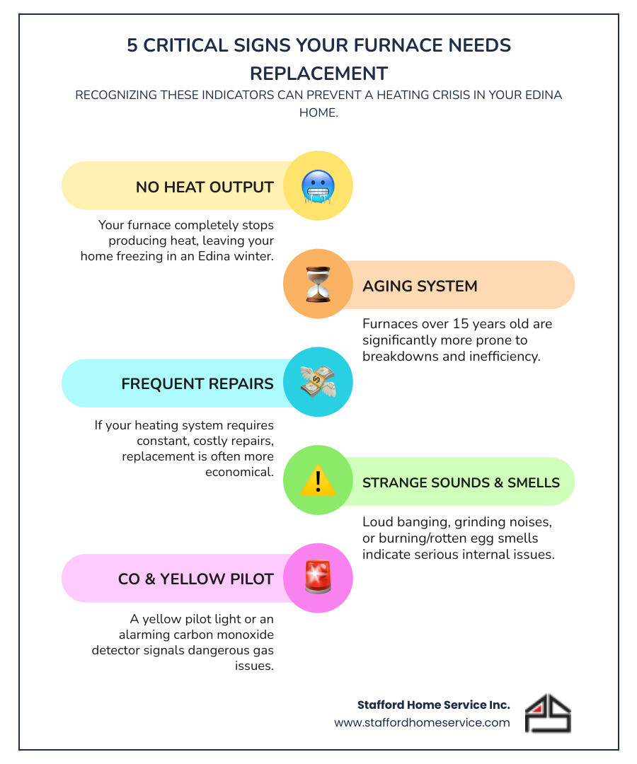 infographic showing 5 critical signs your furnace needs immediate replacement: no heat output, furnace over 15 years old, frequent costly repairs, strange noises or burning smells, and yellow pilot light or carbon monoxide warnings - emergency heating installation in edina, mn infographic infographic-line-5-steps-colors