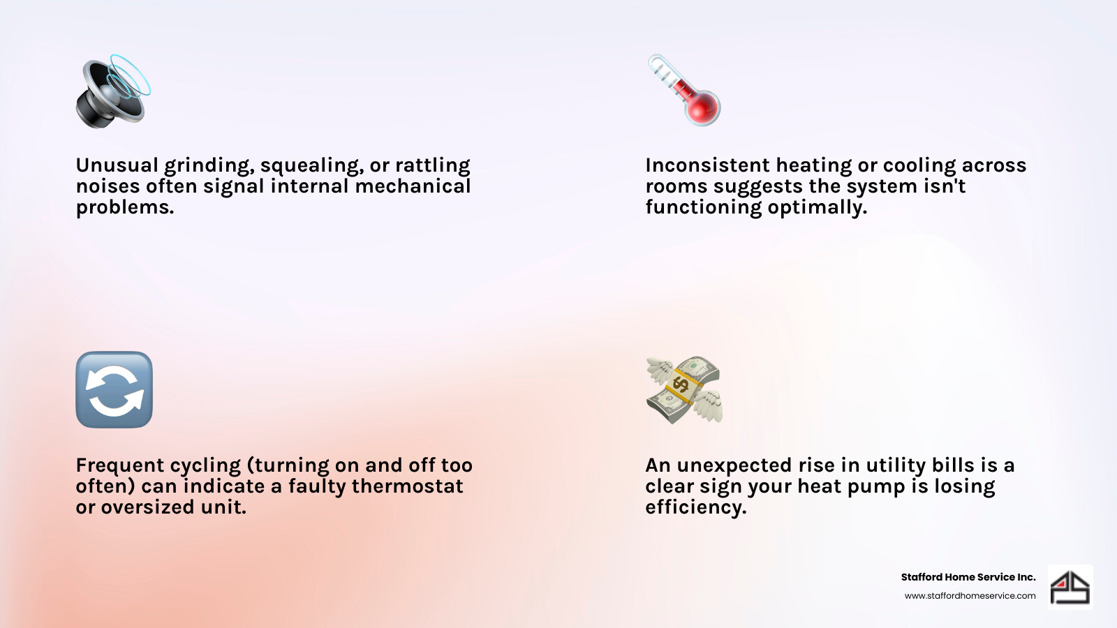Infographic showing key warning signs your heat pump needs repair in Bloomington MN including unusual noises, inconsistent temperatures, frequent cycling, rising energy bills, ice buildup on coils, and poor airflow, with icons for each symptom - best heat pump repair in bloomington, mn infographic 4_facts_emoji_light-gradient