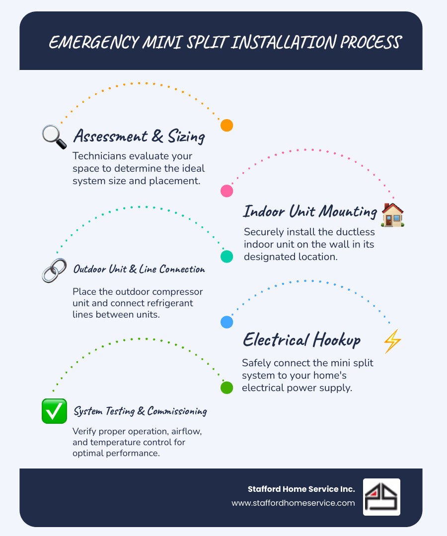 Infographic showing the emergency mini split installation process: assessment and sizing, indoor unit mounting, refrigerant line connection, outdoor unit placement, electrical hookup, and system testing - emergency mini split installation in mounds view, mn infographic infographic-line-5-steps-blues-accent_colors