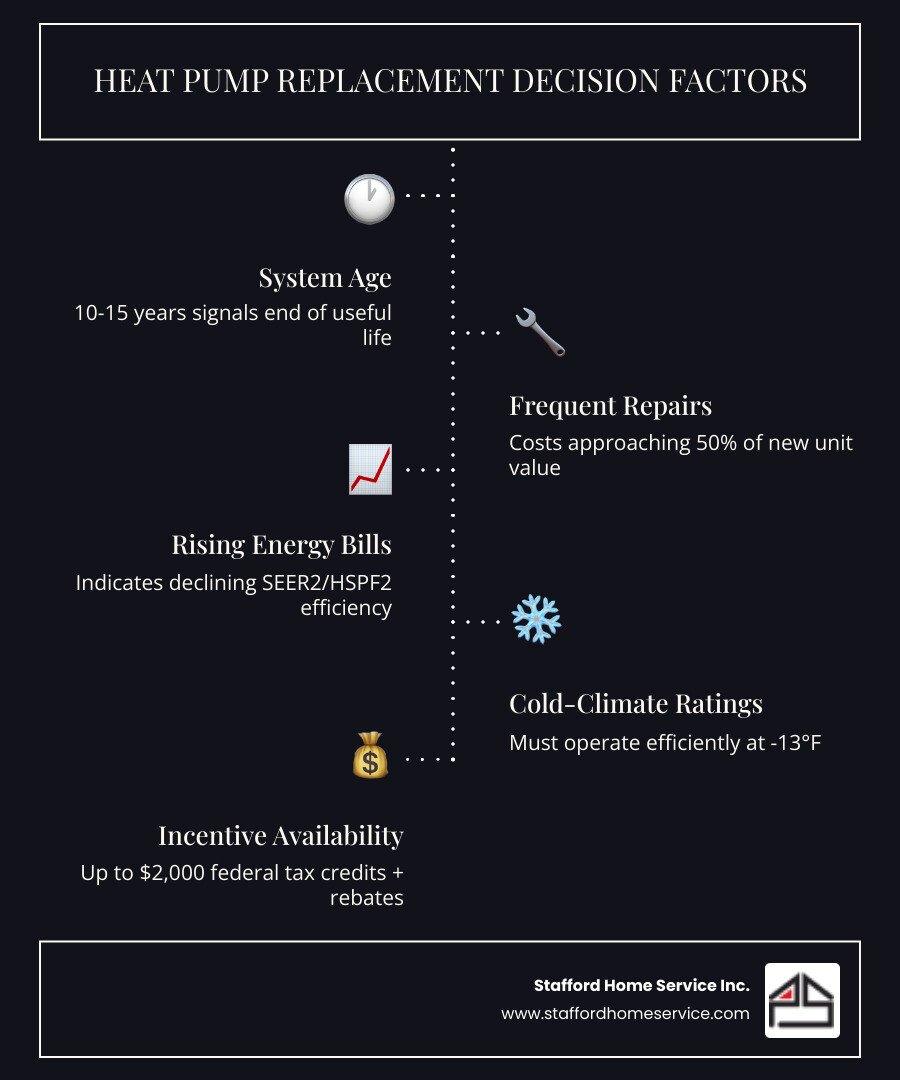Infographic showing heat pump replacement decision factors: system age 10-15 years, repair frequency and costs, energy bill trends, cold-climate performance ratings, efficiency improvements with new technology, available rebates up to $2,000 federal tax credit plus utility incentives, and professional installation requirements for optimal performance - best heat pump replacement in minneapolis, mn infographic infographic-line-5-steps-dark