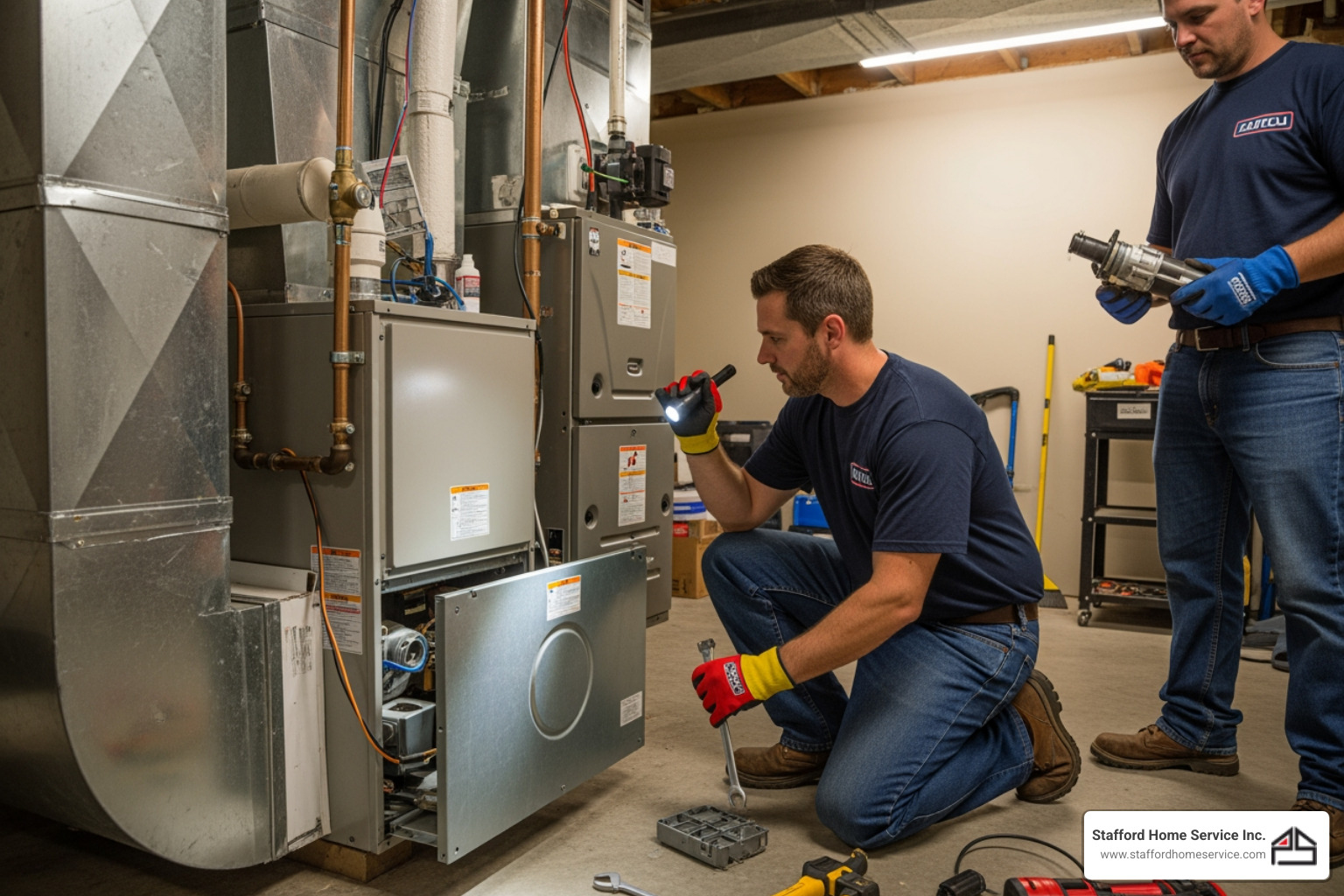 Infographic showing decision tree for emergency heating replacement: includes age of furnace, safety hazards like cracked heat exchanger or carbon monoxide risk, repair cost comparison, and when to call for immediate replacement service - emergency heating replacement in plymouth, mn