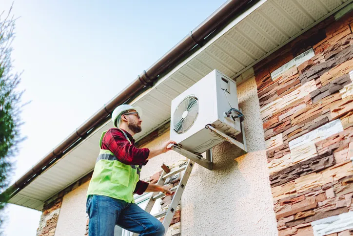 A man in a hard hat and safety vest stands on a ladder, working on an outdoor HVAC unit mounted on the side of a building.