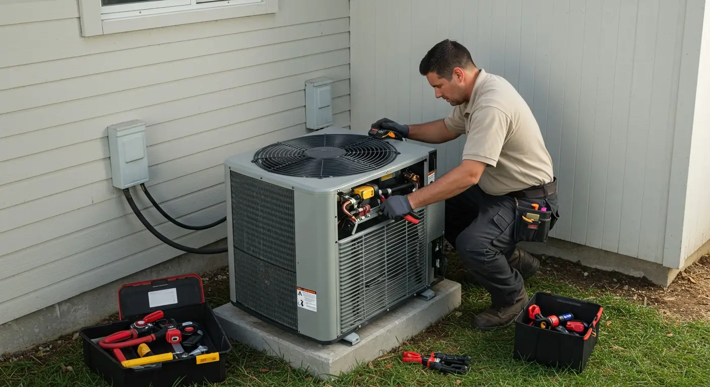 Technician servicing large outdoor air conditioner.