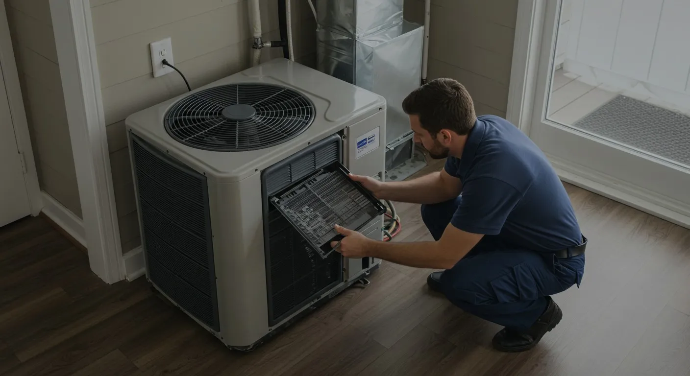 Technician opens indoor HVAC fan compartment.
