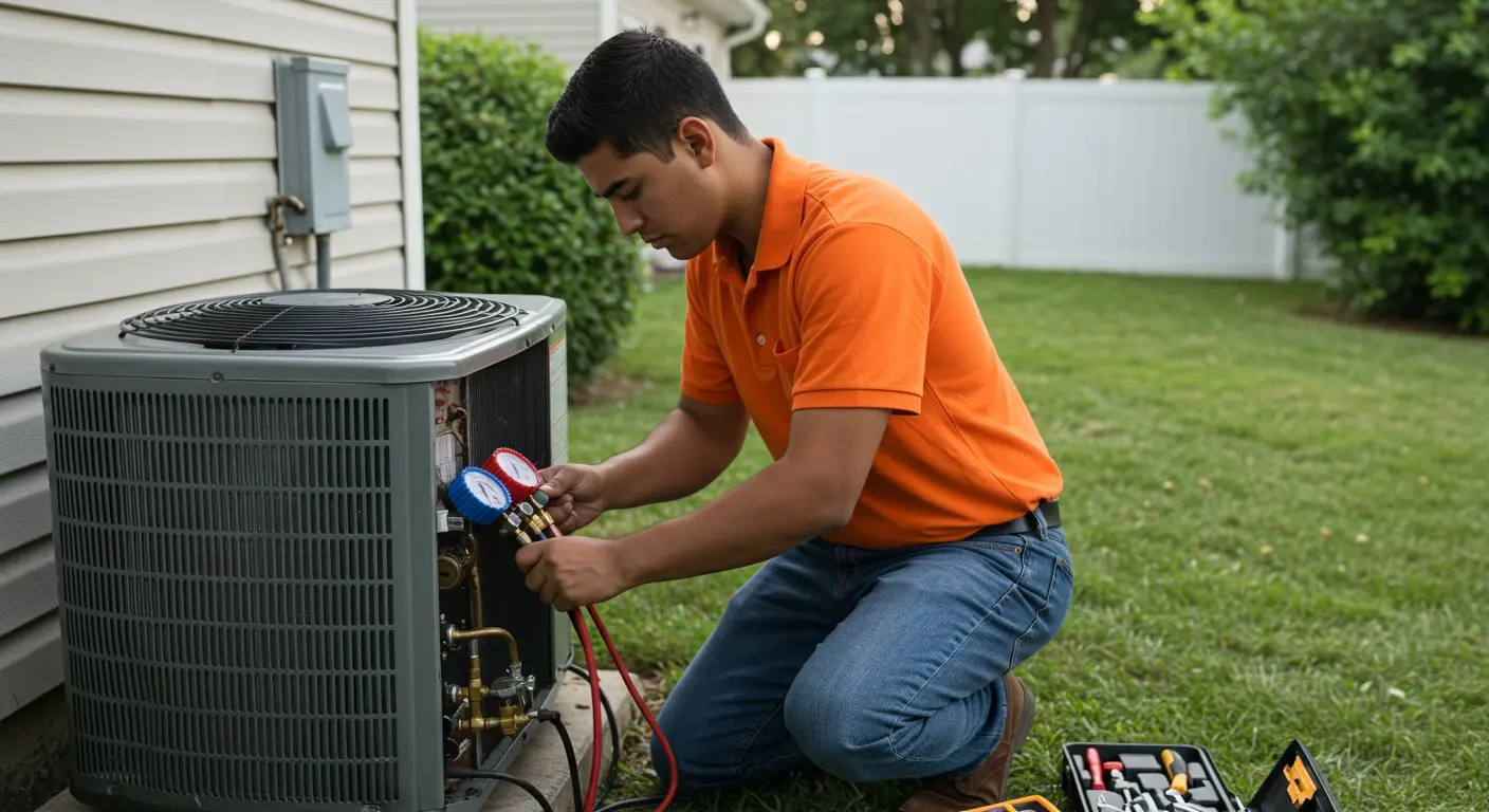 Technician checking refrigerant on an AC unit.
