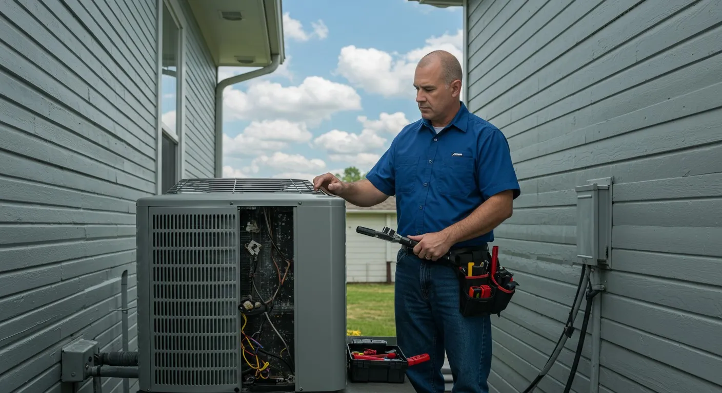 Technician working on residential AC unit.