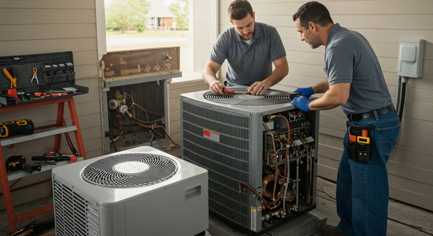 Two technicians repairing a large HVAC unit.
