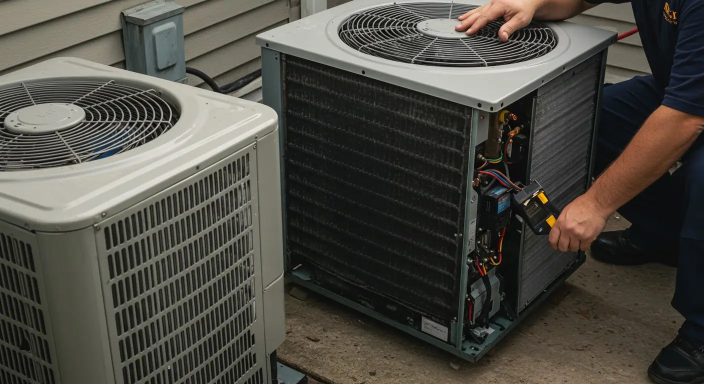 Technician inspecting outdoor HVAC condenser unit.