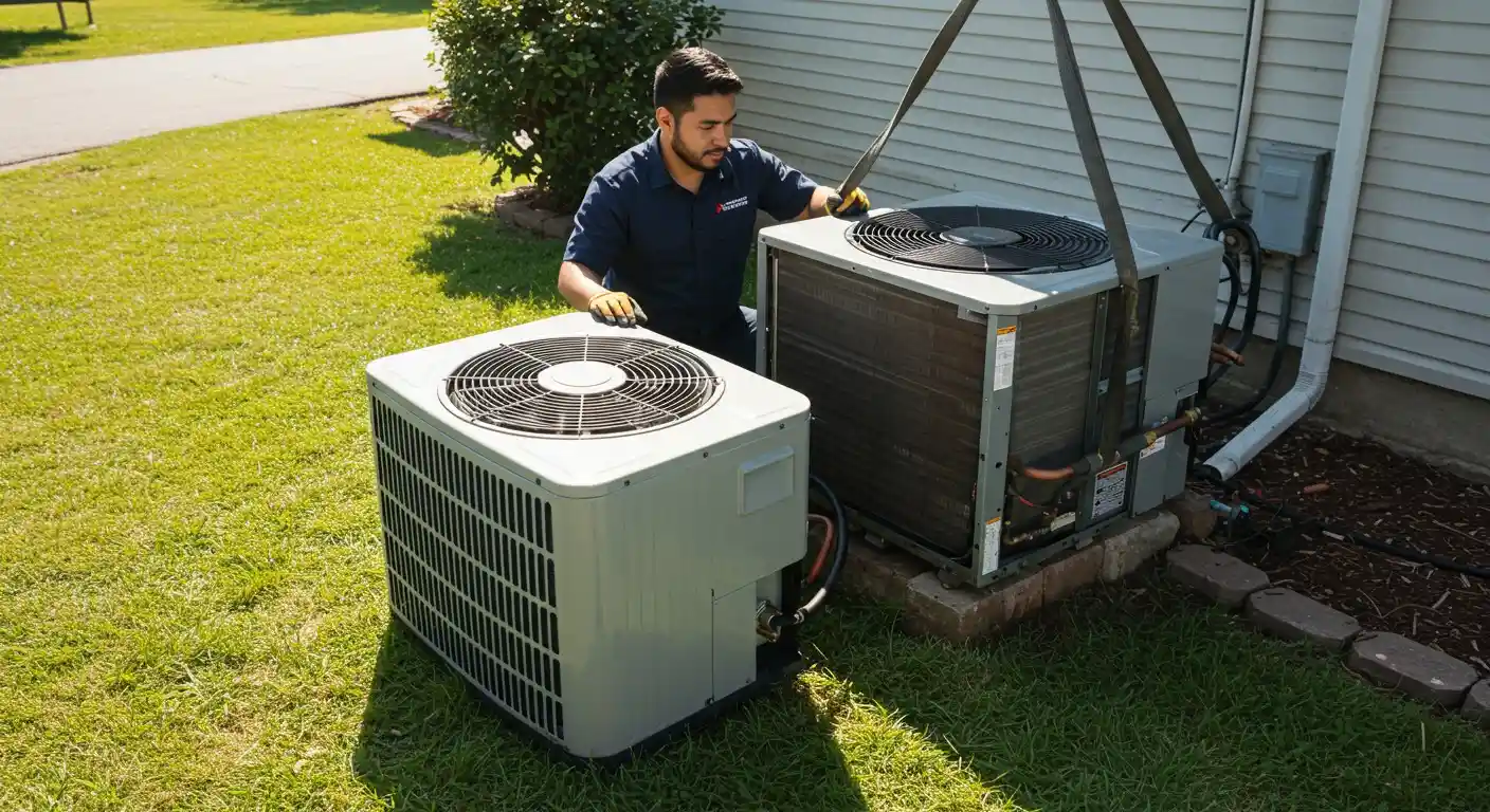 Technician replacing a residential outdoor AC unit.