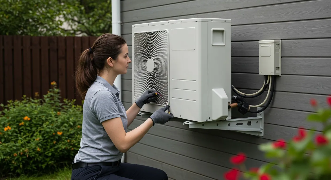 Technician servicing an outdoor mini-split unit.