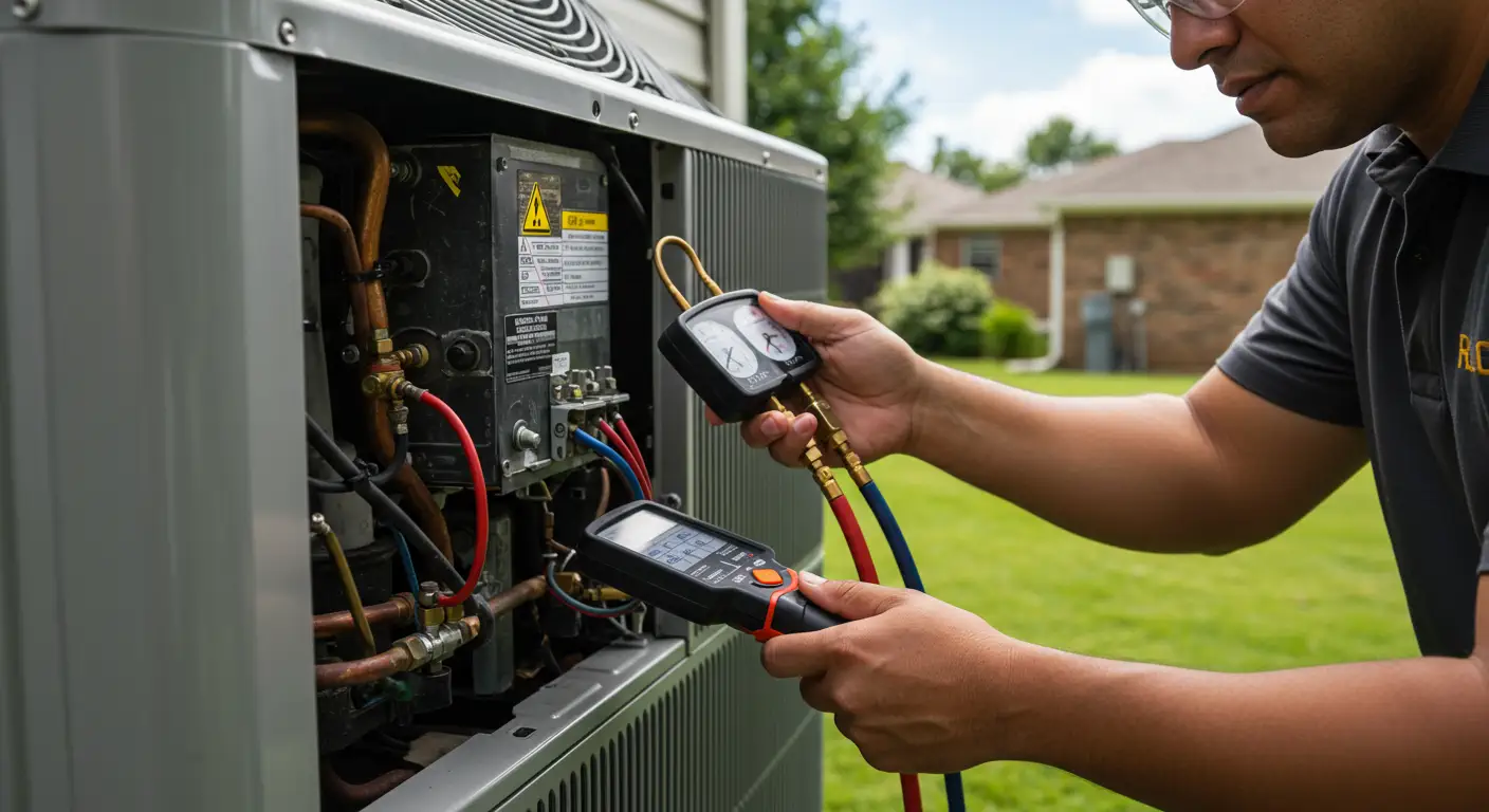 A HVAC technician, wearing a dark polo shirt and safety glasses, services an outdoor air conditioning unit. He holds a digital manifold gauge set in his hands, with red and blue hoses connected to the unit's refrigerant lines and service ports. The internal components of the condenser unit are visible, and a suburban lawn and houses are in the background.