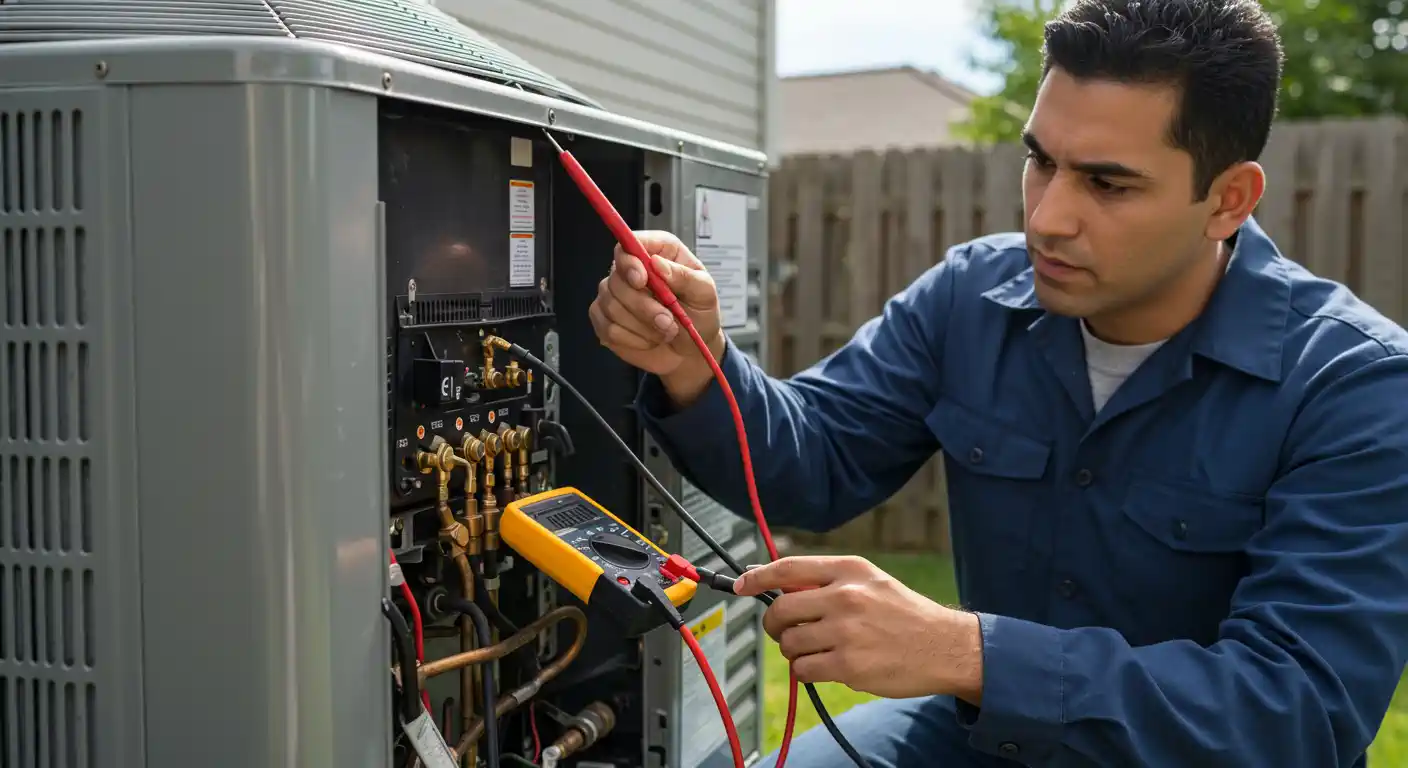 A male HVAC technician in a dark blue uniform uses a yellow digital multimeter to test the electrical components inside an outdoor air conditioner's condenser unit. He holds the red and black probes to different connection points. The unit's service panel is open, revealing internal wiring and copper tubing, with a wooden fence and greenery in the blurred background.