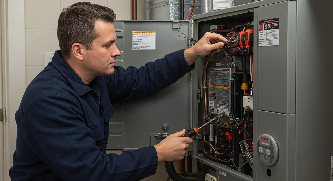 A technician in a blue jacket and work gloves uses a screwdriver to adjust a component inside an open furnace.