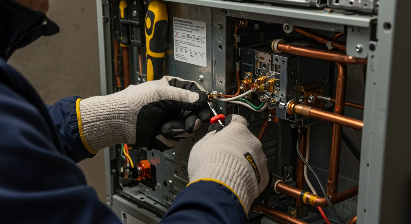 A close-up shot of a technician's gloved hands using a small tool to work on the wiring connections of a furnace.